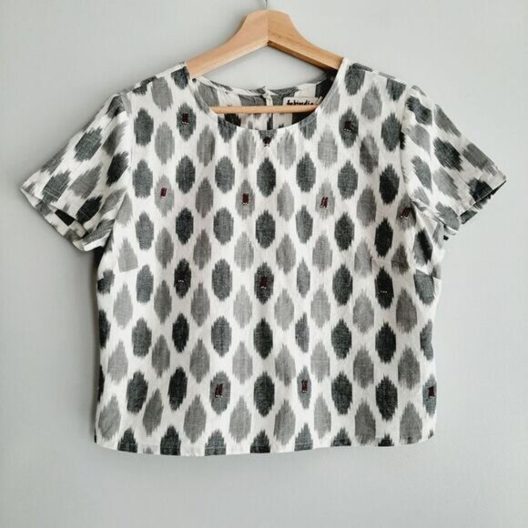 FABINDIA | 100% Cotton Boxy Bead Embroidered Ikat Crop Top Gray Sz M - Picture 3 of 13